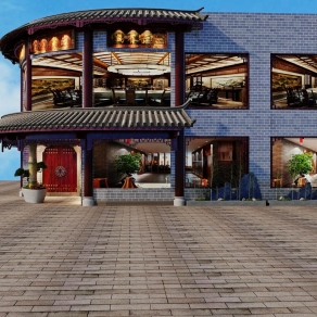 新中式中餐厅门头门面3D模型下载